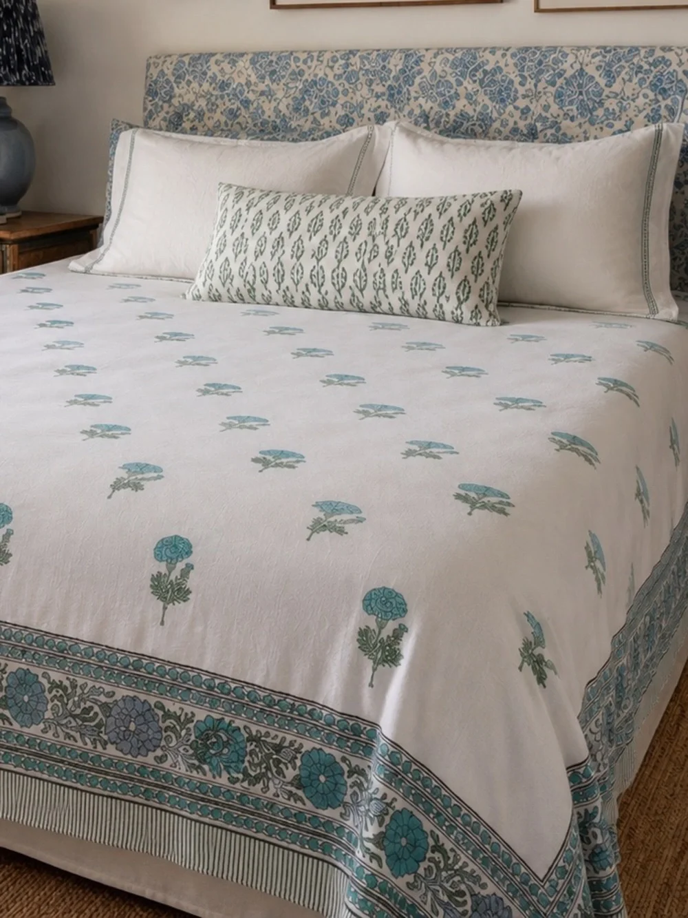 Block Print Cotton Coverlet Bedspread 108” x 98” White Turquoise Floral Marigold